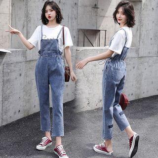 Set: Short-sleeve Top + Spaghetti Strap Denim Jumper Pants
