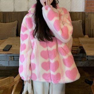 Heart Print Faux Shearling Sweatshirt / Jacket