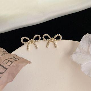 Beaded Bow Sterling Silver Ear Stud My33106 - 1 Pair - White - One Size