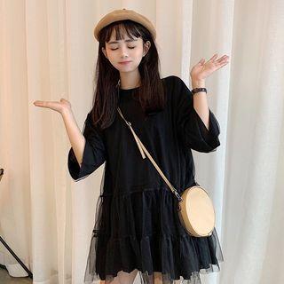 Mesh Panel Elbow-sleeve Mini T-shirt Dress