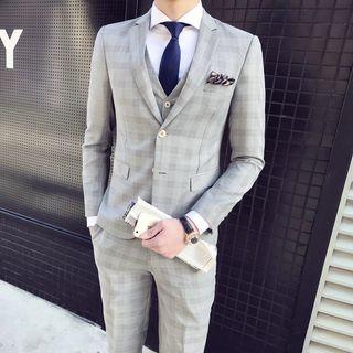 Set: Plaid Slim Fit Blazer + Dress Pants + Vest