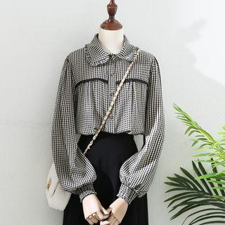 Lantern-sleeve Peter Pan Collar Plaid Shirt