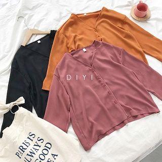 Single-breasted Plain Chiffon Long-sleeve Blouse