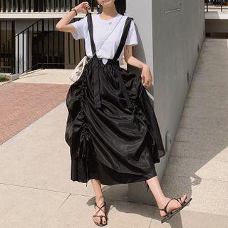 Set: Elbow-sleeve T-shirt + Drawstring Maxi A-line Overall Dress