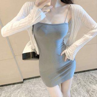 Set: Ribbed Knit Cardigan + Spaghetti Strap Mini Sheath Dress