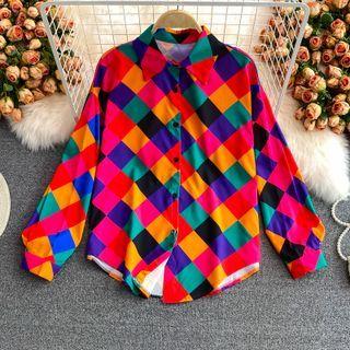 Long Sleeve Color Block Check Shirt Red - One Size