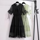 Bell Sleeve Frill Trim Smocked Waist Chiffon Dress