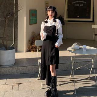 Plain Shirt / Spaghetti Strap Asymmetric Dress