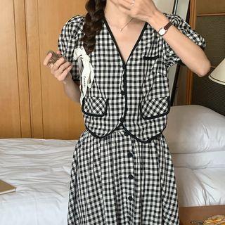 Set: Puff-sleeve Gingham Top + Maxi A-line Skirt