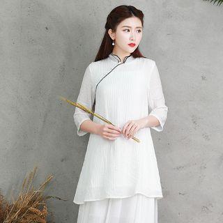 Contrast Trim 3/4 Sleeve Cheongsam Top