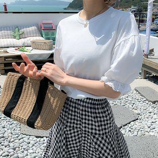 Puff-sleeve Eyelet-lace Trim T-shirt
