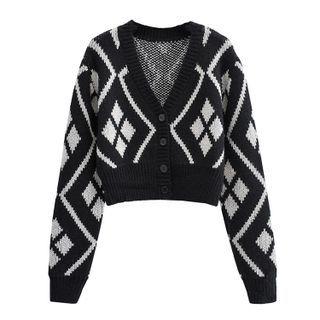 Cropped Argyle V-neck Cardigan