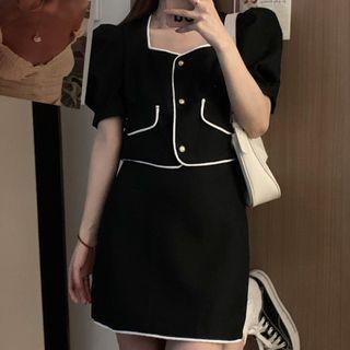 Puff-sleeve Contrast Trim Cropped Blouse / Mini A-line Skirt