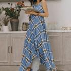Spaghetti Strap Asymmetric Hem Plaid Maxi A-line Dress