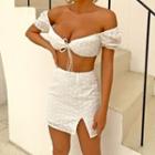 Set: Off-shoulder Eyelet Lace Crop Top + Mini Skirt
