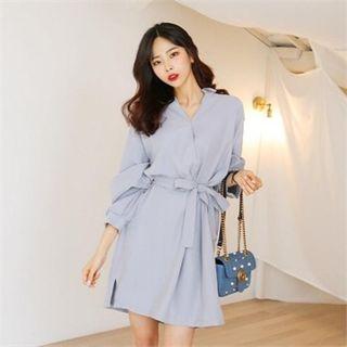Balloon-sleeve Shirtdress With Sash
