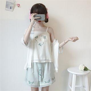 Embroidered Camisole / Shorts / Lace-up Jacket / Set