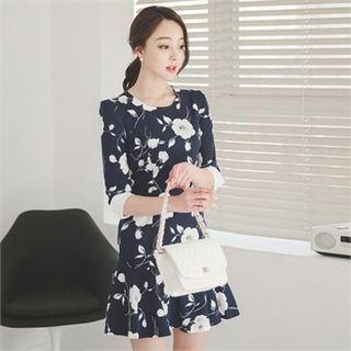 3/4-sleeve Ruffle-hem Floral Print Dress
