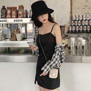 Plaid Crop Shirt / Spaghetti Strap Mini Split Dress
