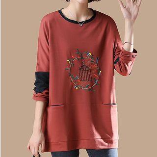 Long-sleeve Color-paneled Embroidered T-shirt