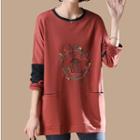 Long-sleeve Color-paneled Embroidered T-shirt