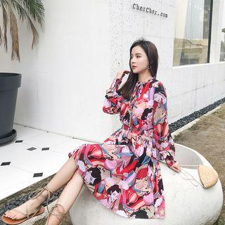 Lantern-sleeve Japanese Print A-line Sundress
