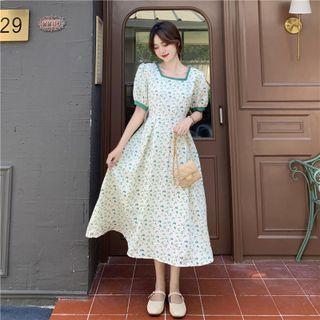 Square-neck Lace-up Strap Floral Short-sleeve Dress