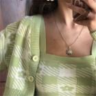 Set: Flower Print Plaid Knit Cropped Camisole Top + Cardigan Grass Green - One Size