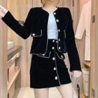 Set: Velvet Jacket + Spaghetti Strap Top + Button Mini A-line Skirt