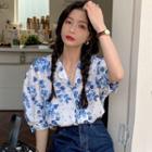 Short-sleeve Floral Print Shirt / Denim Skirt