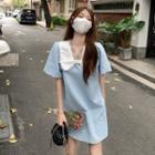 Short-sleeve Contrast Collar Shift Dress Blue - One Size