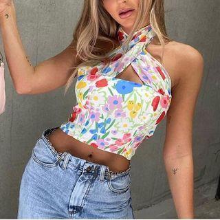 Cross Strap Floral Print Cropped Tank Top
