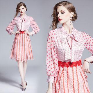 Tie-neck Dotted Panel A-line Dress