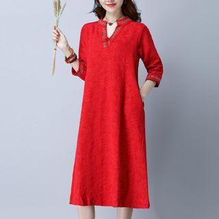 3/4-sleeve V-neck Midi A-line Dress