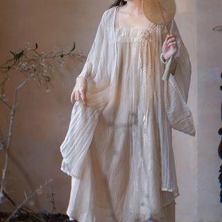 Bell-sleeve Cover-up / Spaghetti-strap Midi A-line Dress