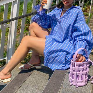 Bell-cuff Striped Oversized Shirt
