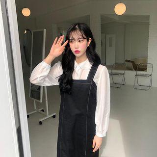 Square-neck Jumper Dress With Sash Black - One Size