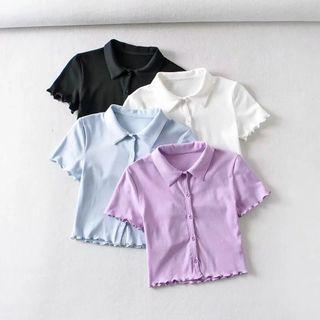 Short-sleeve Ruffle Trim Button-up Top