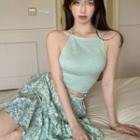 Lace-up Back Camisole Top / Floral Print Tiered Mini A-line Skirt
