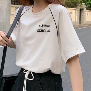 Drawstring-hem Letter Embroidered Short-sleeve T-shirt