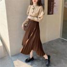 Stand-collar Puff-sleeve Loose Shirt / Pleated Midi Skirt