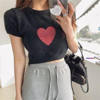 Short-sleeve Heart Print Knit T-shirt