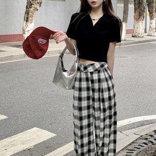 Short-sleeve Crop Polo Shirt / Plaid Wide Leg Pants