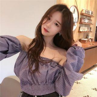 Off-shoulder Plaid Long-sleeve Top Purple - One Size