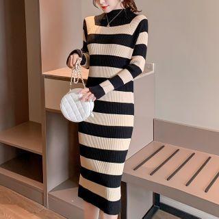 Mock Neck Wide Stripe Knit Midi Dress