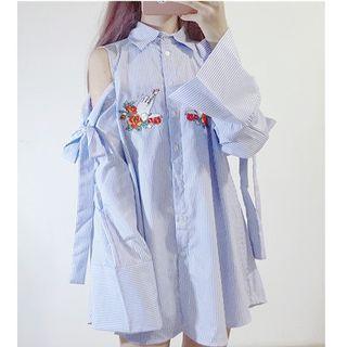 Embroidered Striped Cold Shoulder Shirt