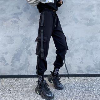 Strapped Plain Wide Leg Cargo Pants
