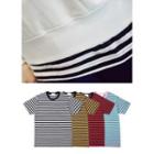 Contrast-neckline Short-sleeve Striped T-shirt