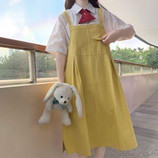 Plain Miid Overall Dress / Short-sleeve Shirt / Bow Tie / Set