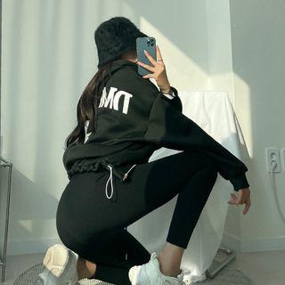 Letter Patched Zip-up Hoodie Black - One Size